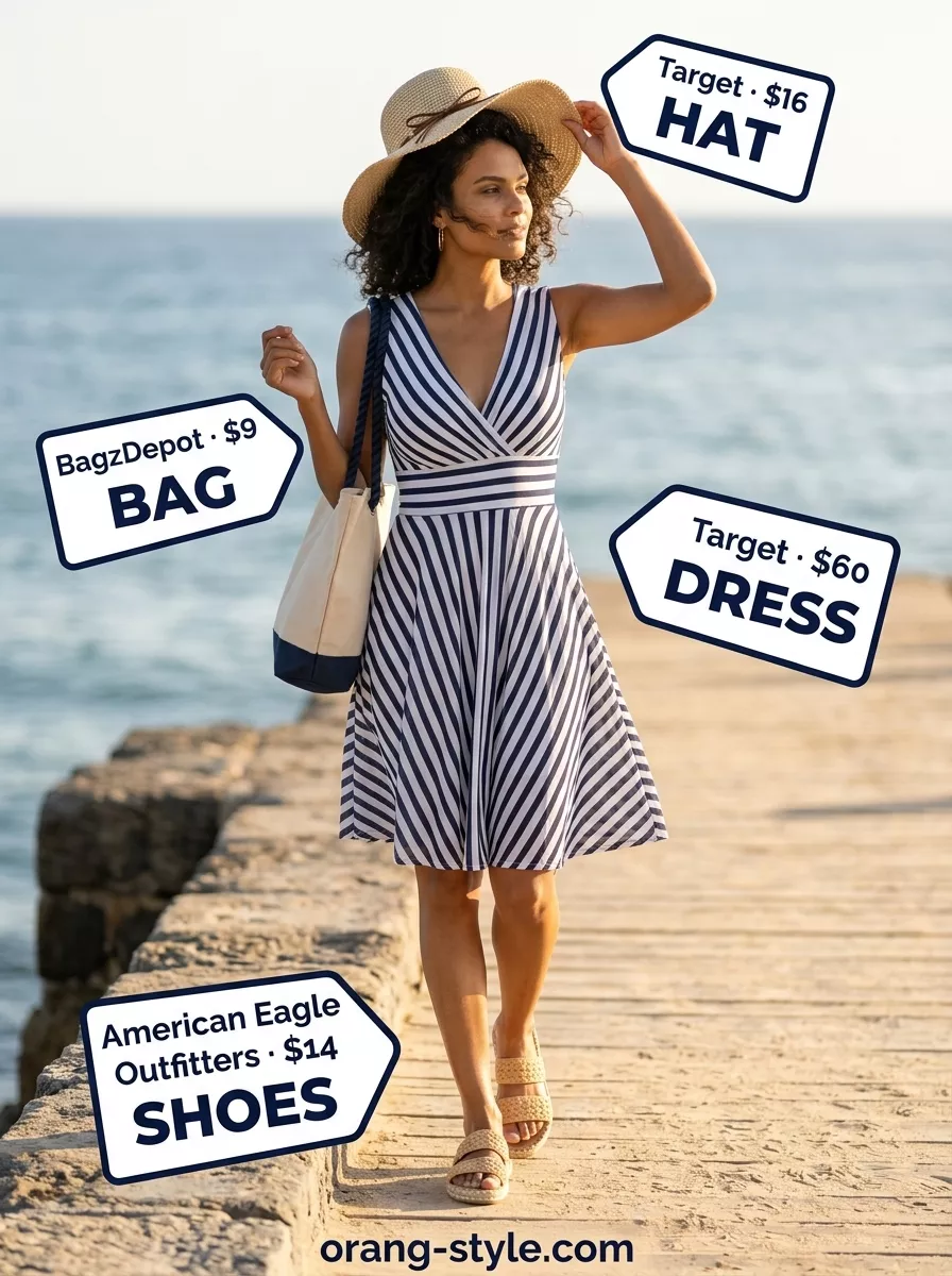 Nautical Summer Wrap Dress 2026 Navy and White striped midi wrap dress for coastal getaway 2026. Nautical outfit with espadrilles and straw hat.