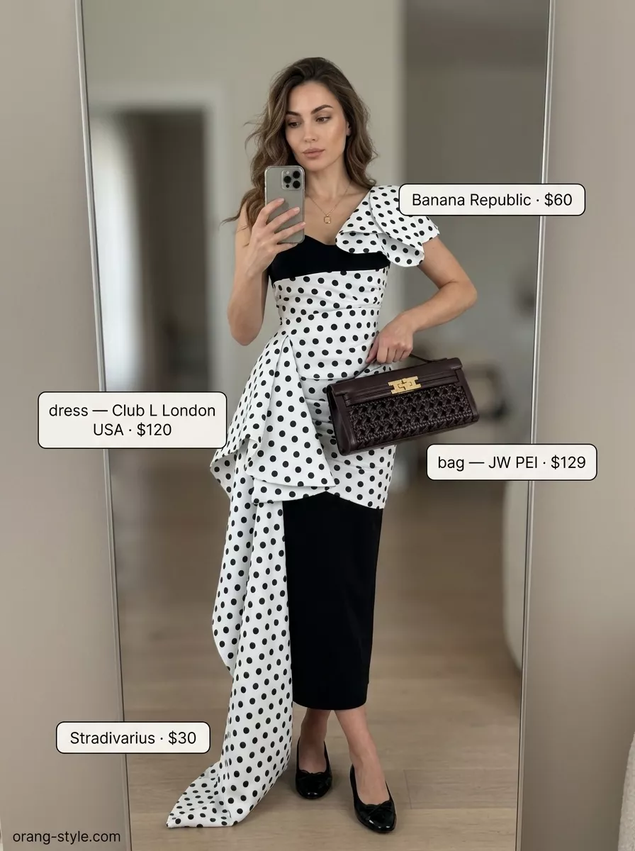 Summer Wrap Sleeveless Dresses 2026: City Chic Black and white polka dot sleeveless wrap midi dress, black ballet flats, and red top-handle bag for city strolls.