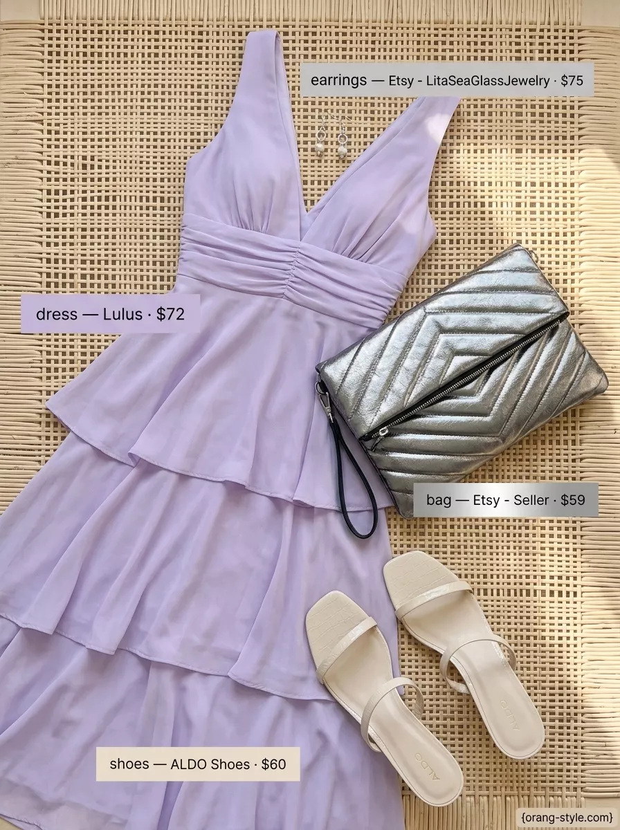 Garden Party Wrap Dress 2026 Soft Lavender chiffon midi wrap dress for garden tea party 2026. Romantic outfit with heeled mules and silver clutch.