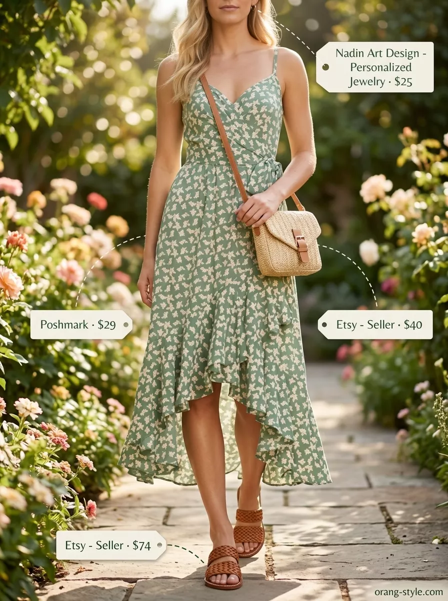 Summer Wrap Sleeveless Dresses 2026: Coastal Brunch Sage green linen blend sleeveless wrap midi dress with floral print, flat leather slides, and straw crossbody bag.