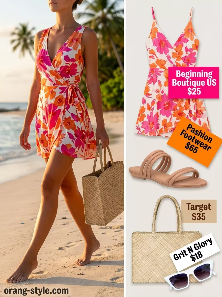 Tropical Glam Wrap Dress 2026 Tropical getaway glam: hot pink floral wrap dress, large tote, tortoiseshell sunglasses, and flat sandals.
