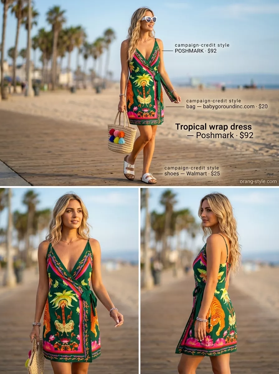Tropical Getaway Wrap Dress 2026 Vibrant tropical getaway: orange/pink/yellow floral wrap dress, straw tote, and white sunglasses.