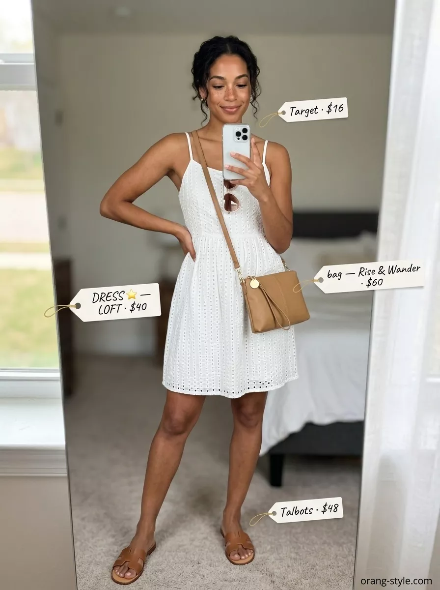 Effortless Summer Wrap Dress 2026 Effortless summer day: white eyelet wrap dress, tan slides, gold necklace, and aviator sunglasses.