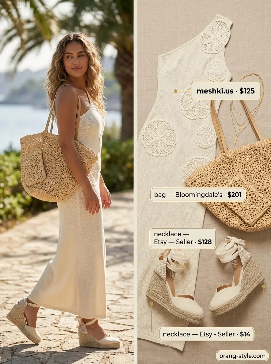 Boho Beachside All White Summer Outfits 2026 Textured all white summer outfits for women 2026: Cream crochet maxi dress, straw tote, espadrille wedges, and layered gold necklaces.
