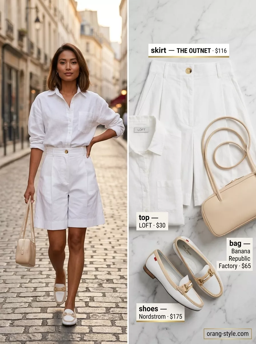 Crisp White City Shorts 2026 Textured all white summer outfits for women 2026: Tailored shorts, button-down shirt, loafers for city style.