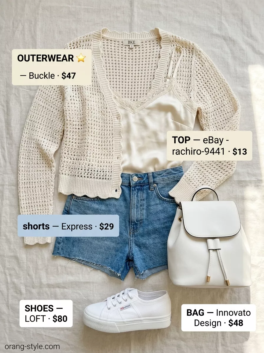 Denim & Lace: Textured All White Summer Outfits 2026 Playful denim & lace outfit for textured all white summer outfits for women 2026. White shorts & crochet cardigan.
