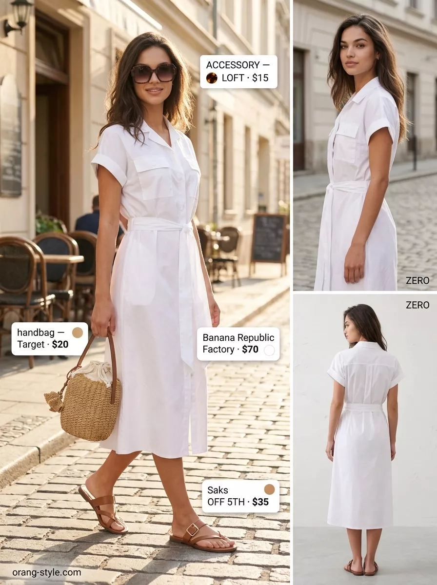 Effortless White Summer Brunch 2026 Textured all white summer outfits for women 2026: Effortless midi shirt dress, woven bag, slide sandals for brunch.