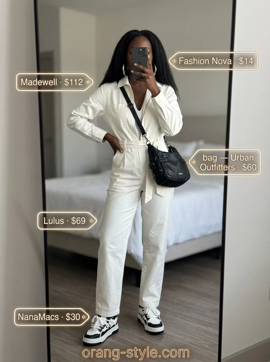 Urban Utility All White Summer Outfits 2026 Textured all white summer outfits for women 2026: Ivory utility jumpsuit, chunky sneakers, crossbody bag, and silver hoops.