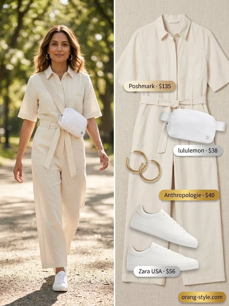 Utility Chic All White Summer Outfits 2026 Textured all white summer outfits for women 2026: Ecru utility jumpsuit, belt bag, gold hoops, and white sneakers for a creative workshop.