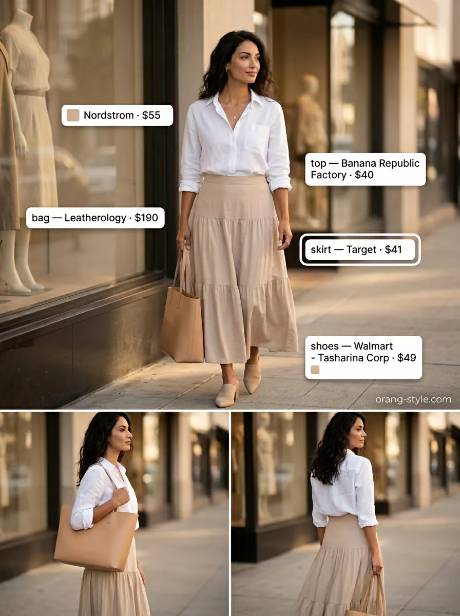 Chic Neutral Tiered Maxi Skirt Outfits Summer 2026 Chic neutral tiered maxi skirt outfit for summer 2026, featuring beige linen skirt, white blouse, gold necklace, and mules.