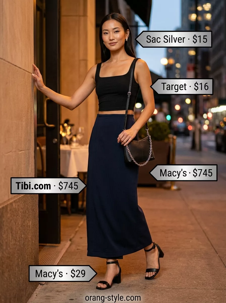 City Chic Tiered Maxi Skirt Outfits Summer 2026 Chic city tiered maxi skirt outfit summer 2026 with navy skirt, black crop top, block heels & shoulder bag.