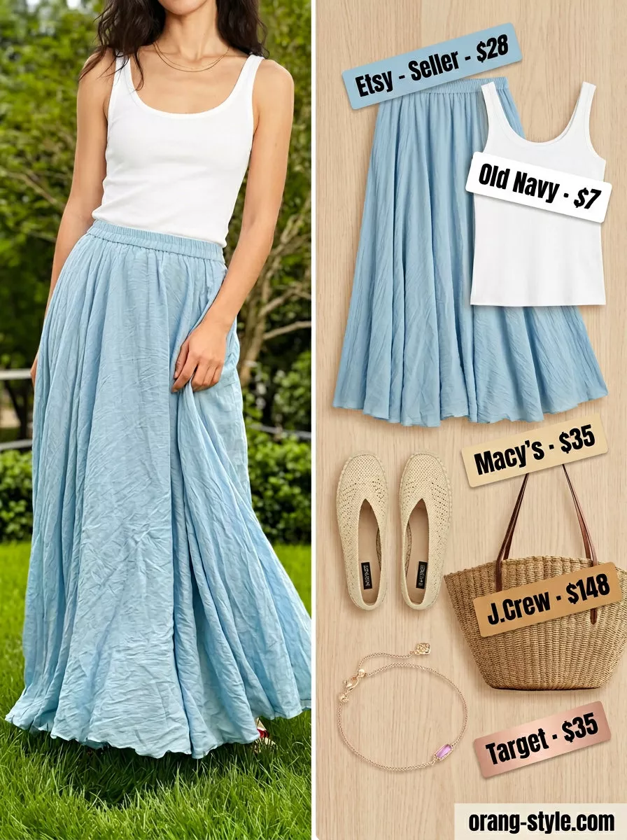 Coastal Breeze Tiered Maxi Outfits Summer 2026 Coastal breeze tiered maxi skirt outfit summer 2026: Sky blue skirt, white tank, straw tote. Relaxed for beach days.