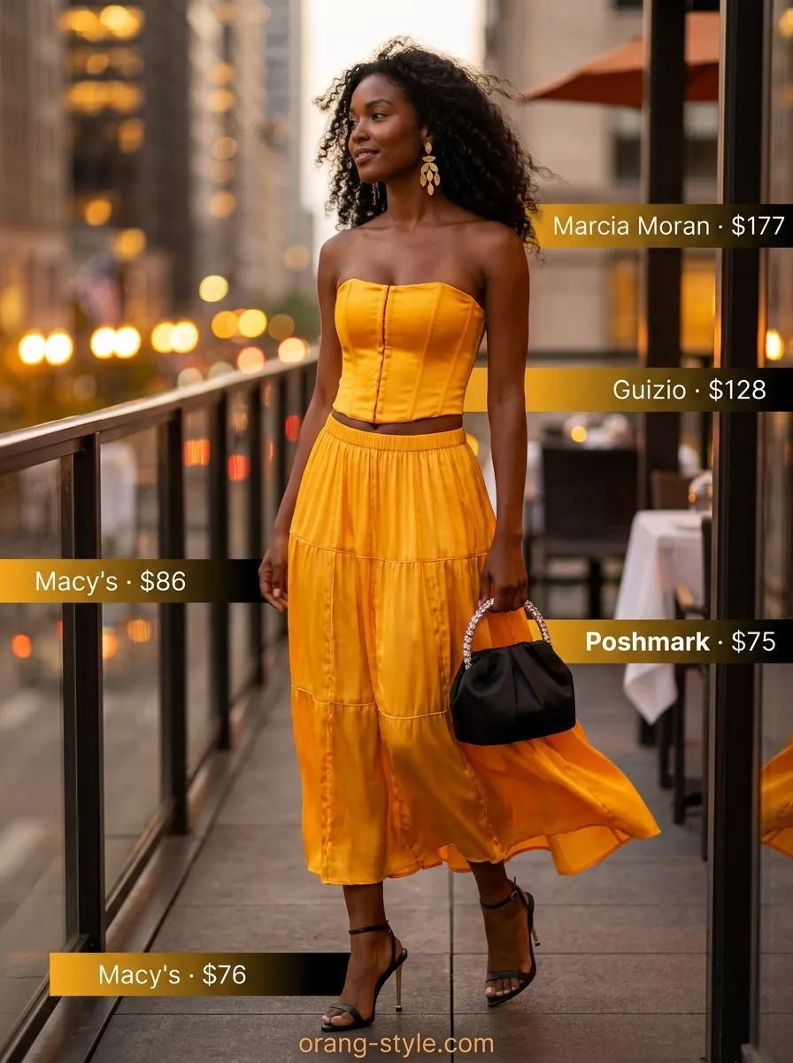 Vibrant coral tiered maxi skirt outfit for summer 2026 evening event, with black corset top, stiletto heels, and statement earrings.