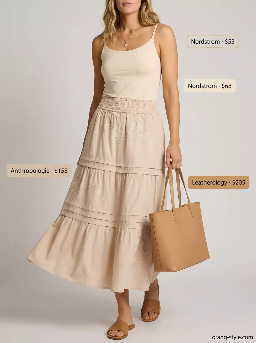 Monochrome Magic Tiered Maxi Skirt Outfits Summer 2026 Beige tiered maxi skirt outfit summer 2026 with cream camisole, gold necklace, flats & structured tote.