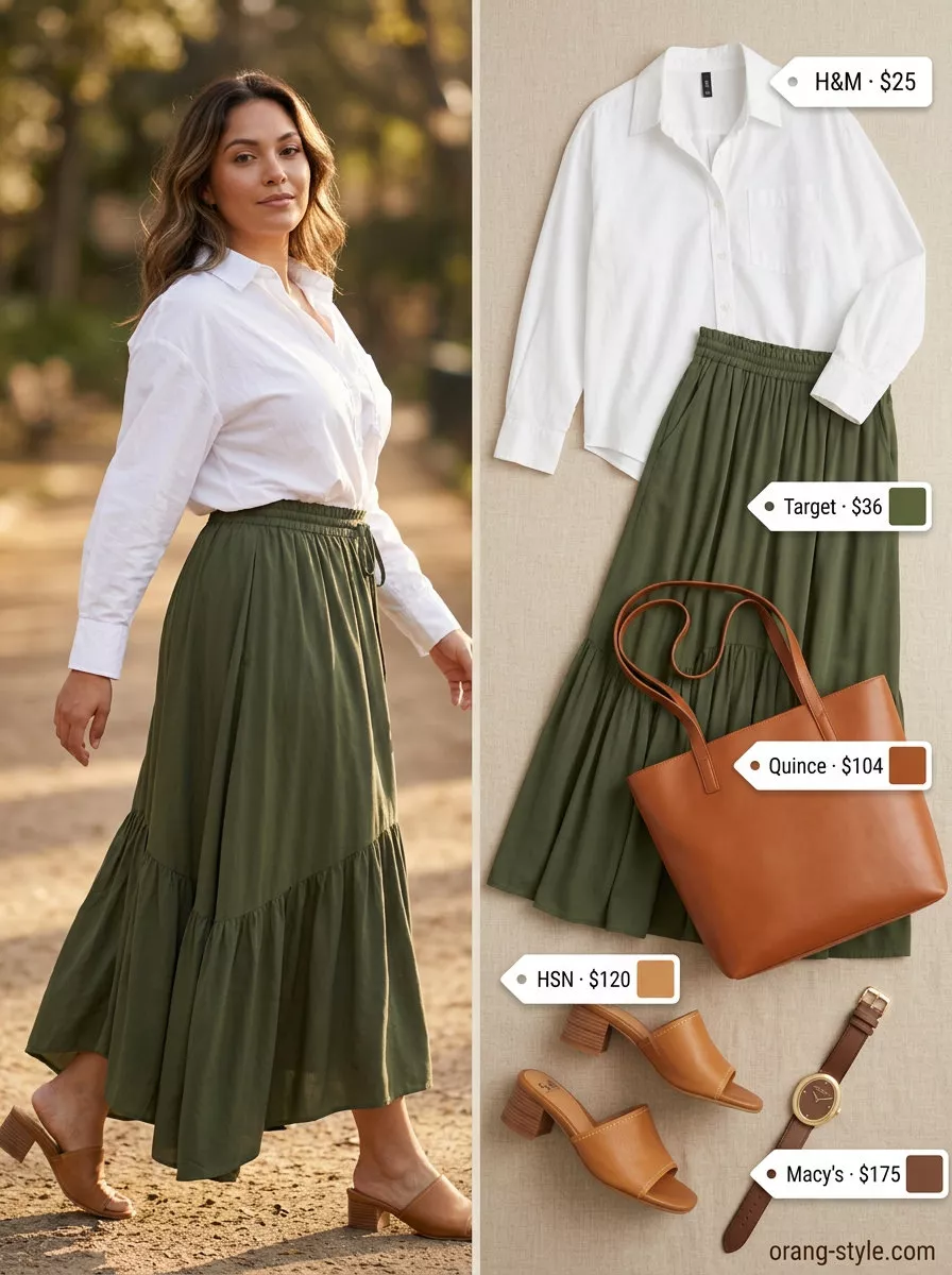Olive Grove Tiered Maxi Outfits Summer 2026 Olive grove tiered maxi skirt outfit summer 2026: Olive skirt, white shirt, leather slides. Chic for casual work days.