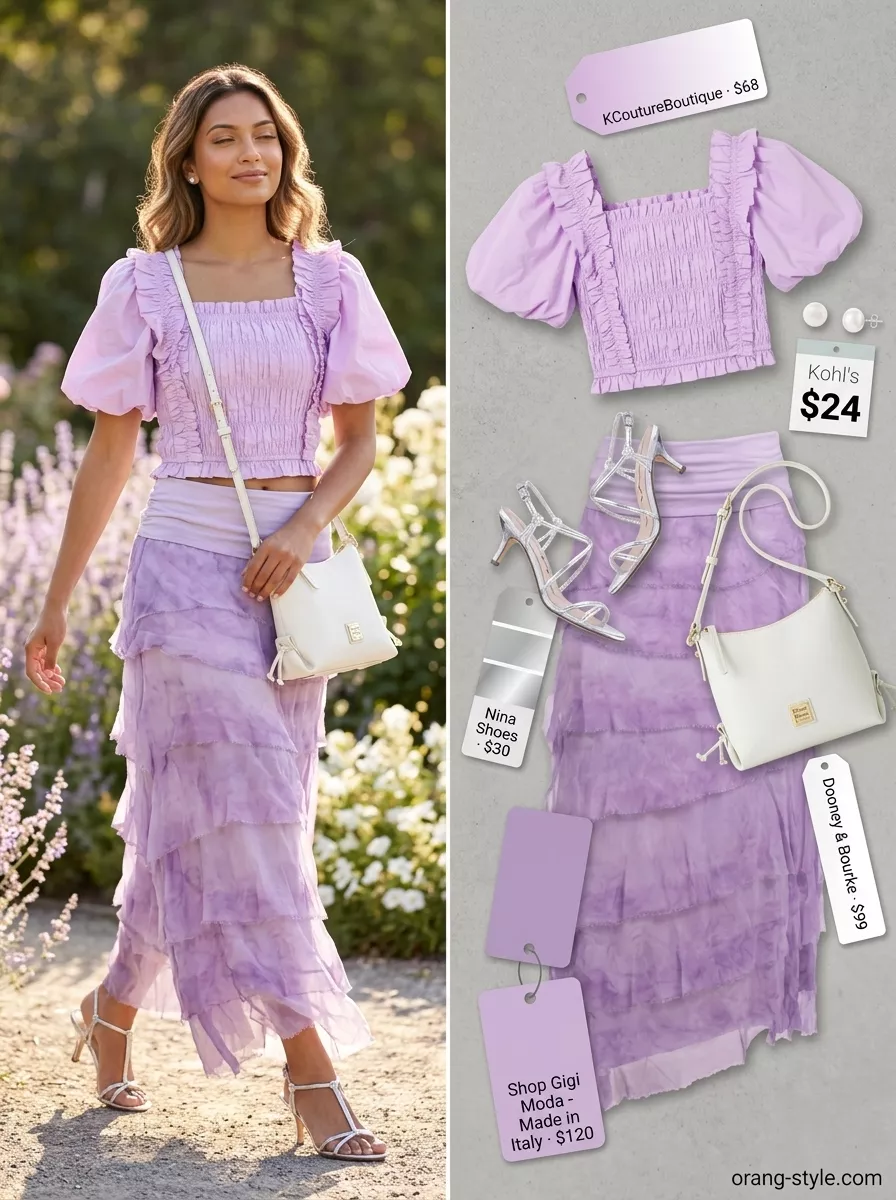 Pastel Tiered Maxi Skirt Outfits Summer 2026 Pastel lavender tiered maxi skirt set for summer 2026 garden party, with puff sleeve crop top, pearl earrings, and silver heels.