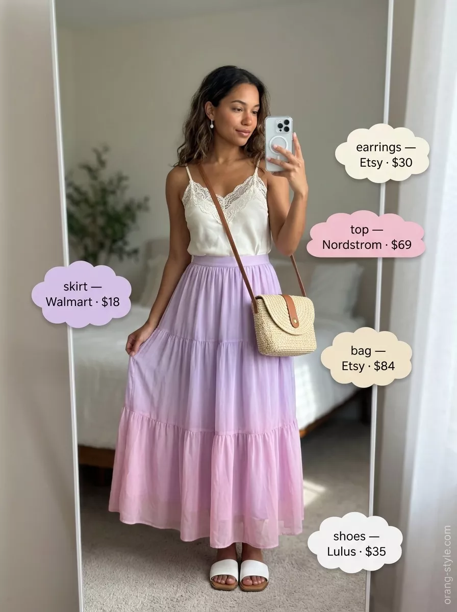 Romantic Tiered Maxi Skirt Outfits Summer 2026 Romantic pastel lilac tiered maxi skirt outfit for summer 2026 evening, with lace camisole, woven bag, and flat sandals.