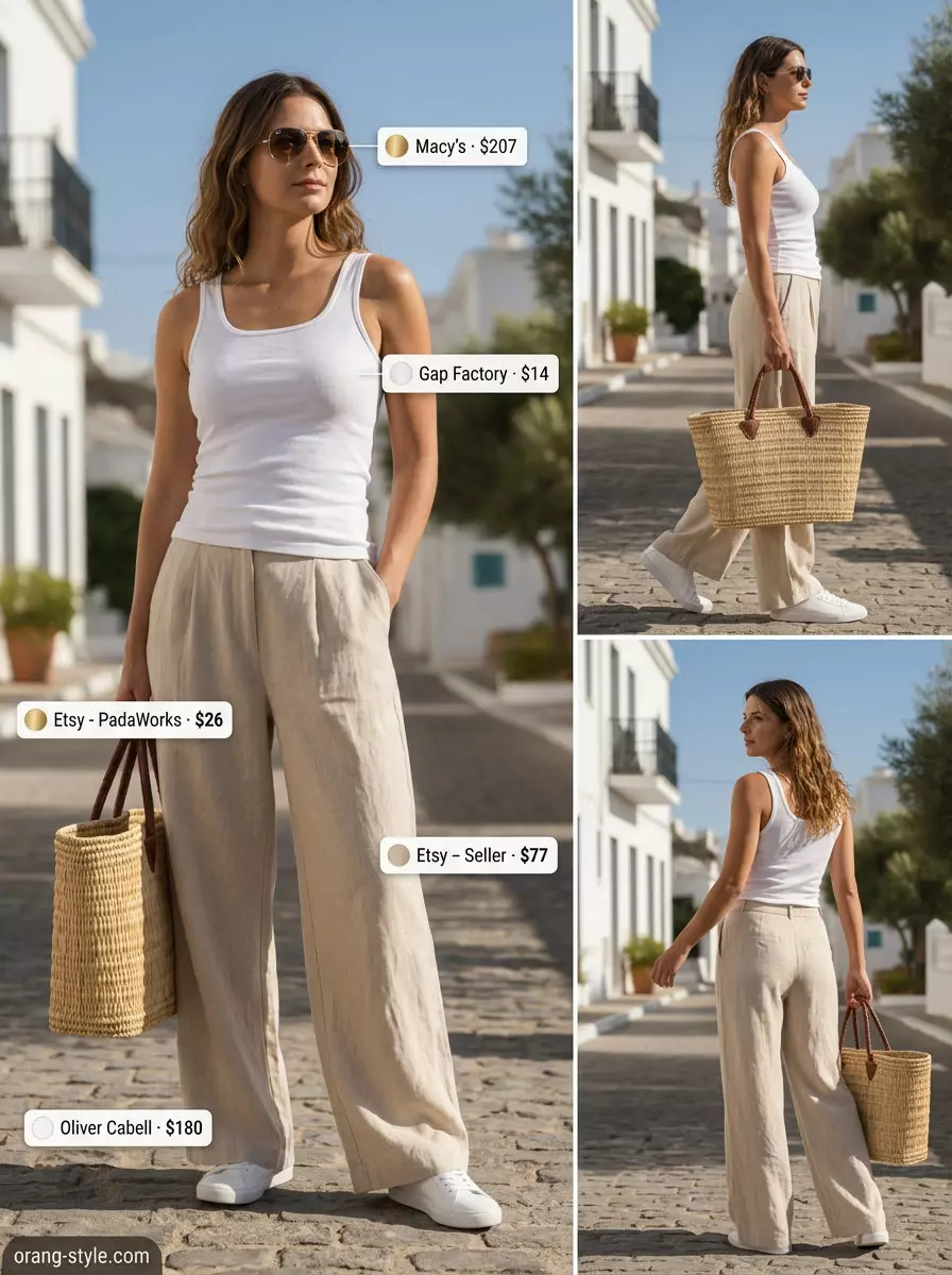 Monochromatic quiet luxury summer outfit: Beige linen set, white tank, white sneakers, straw tote, aviator sunglasses.