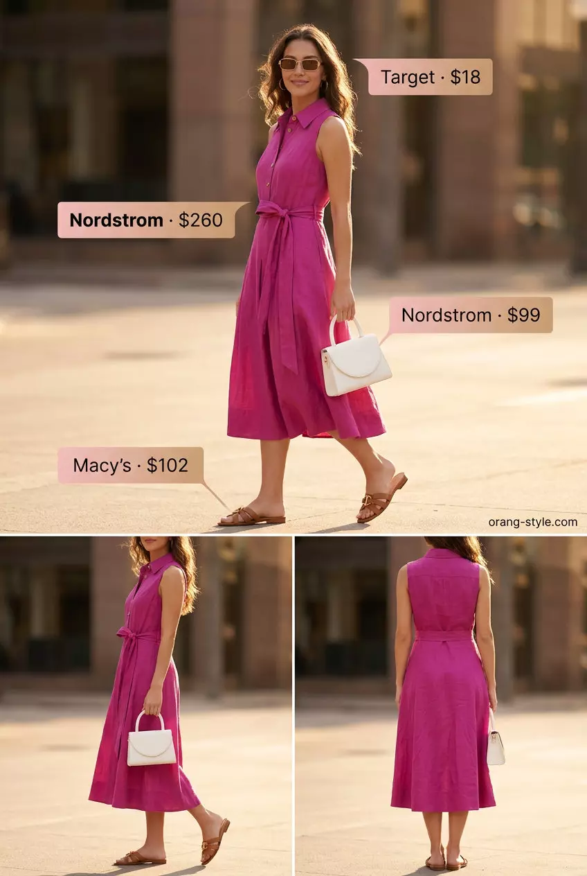 Chic quiet luxury summer outfit: Blush pink linen shirt dress, white bag, tan slides, gold sunglasses. Perfect for brunch.