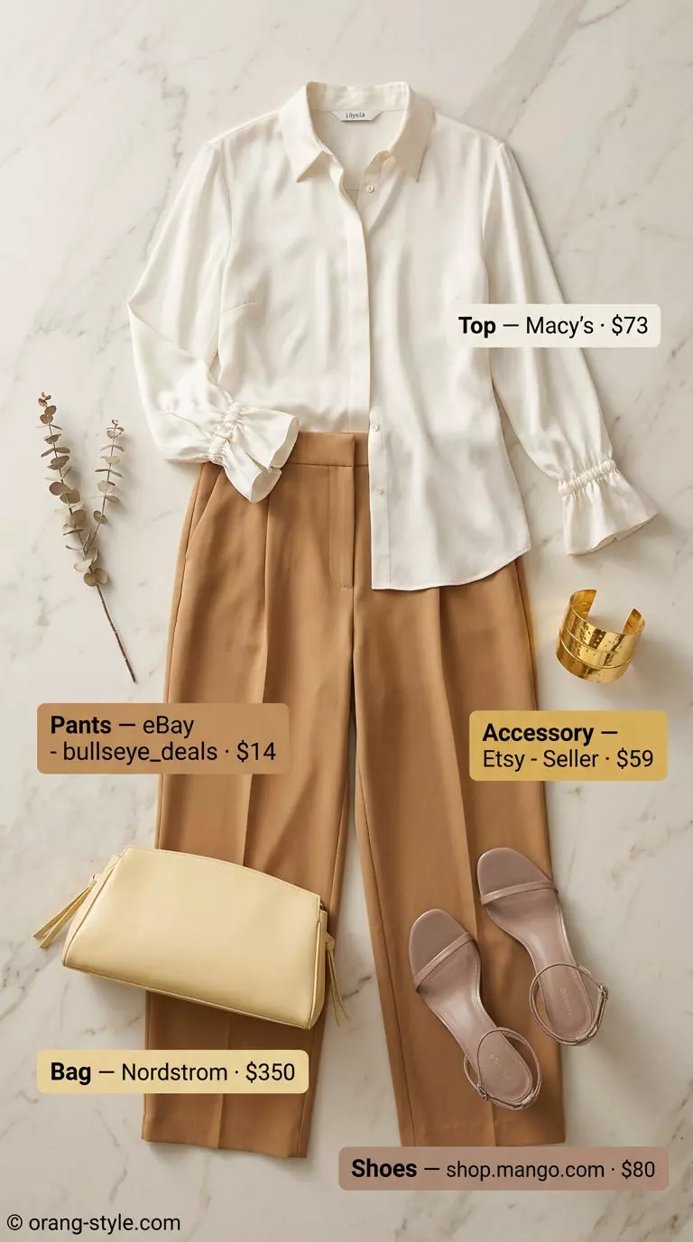 Sophisticated quiet luxury summer outfit: Camel wide-leg pants, ivory silk blouse, nude sandals, gold cuff. For date night.