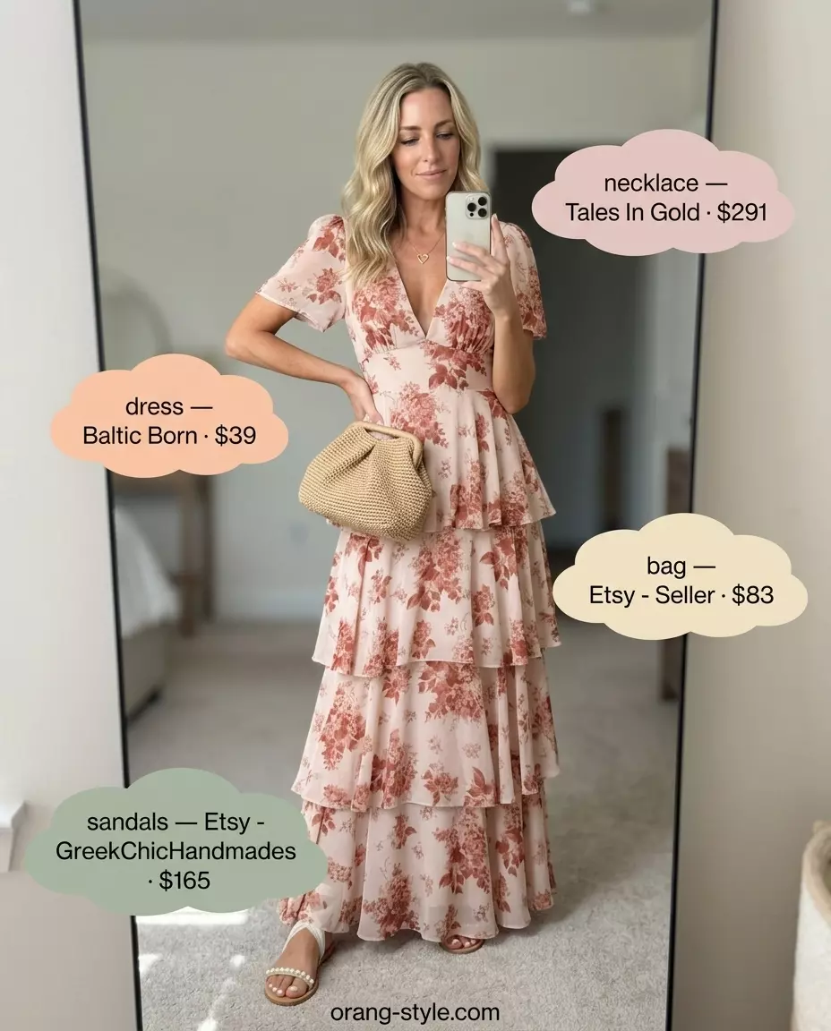 Timeless quiet luxury summer outfit: Muted floral maxi dress, cream sandals, gold necklace for garden party.