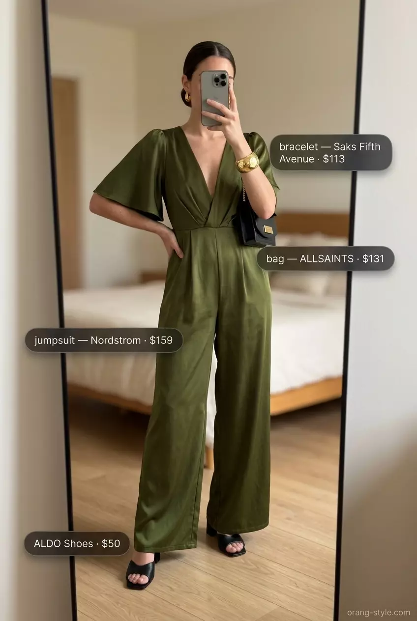 Timeless quiet luxury summer outfit: Olive green jumpsuit, black mules, gold cuff for evening.