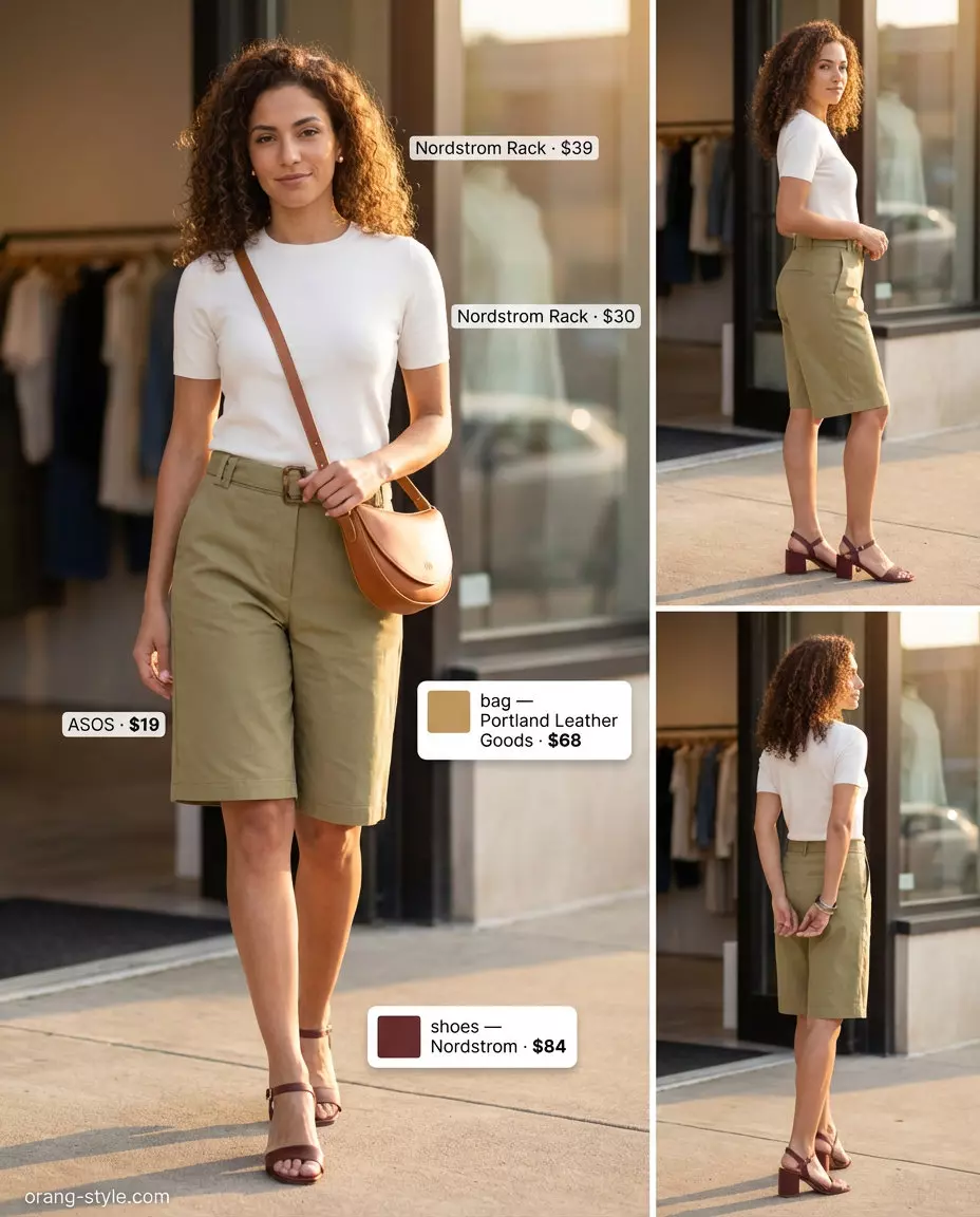 Polished quiet luxury summer outfit: Khaki Bermuda shorts, cream knit top, brown sandals, leather belt bag. For casual office.