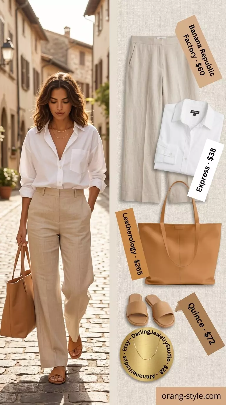 Timeless quiet luxury summer outfit: Linen pants, white shirt, tan sandals for casual lunch.