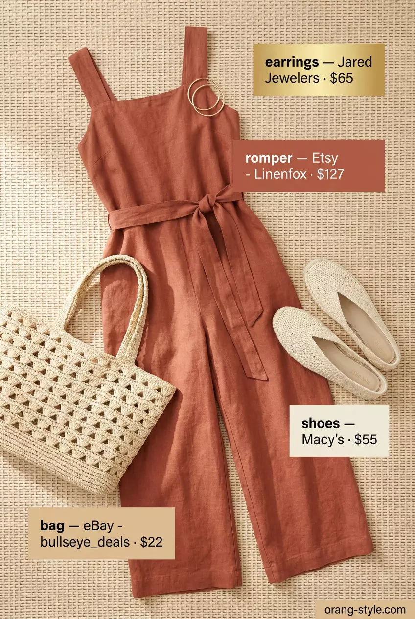 Timeless quiet luxury summer outfit: Terracotta linen romper, cream espadrilles, straw tote. Perfect for casual outings.