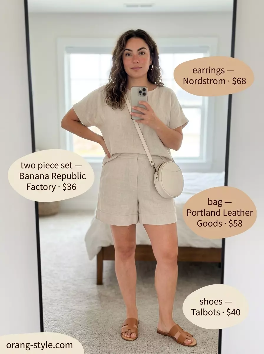 Timeless quiet luxury summer outfit: Linen shorts set, slides, gold hoops for casual chic.