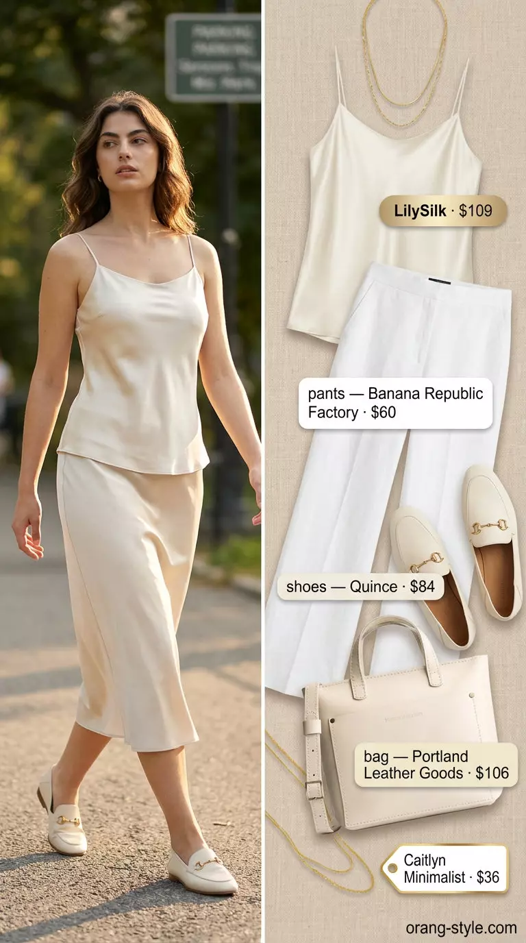 Timeless quiet luxury summer outfit: Ivory linen pants, beige camisole, loafers for casual day.