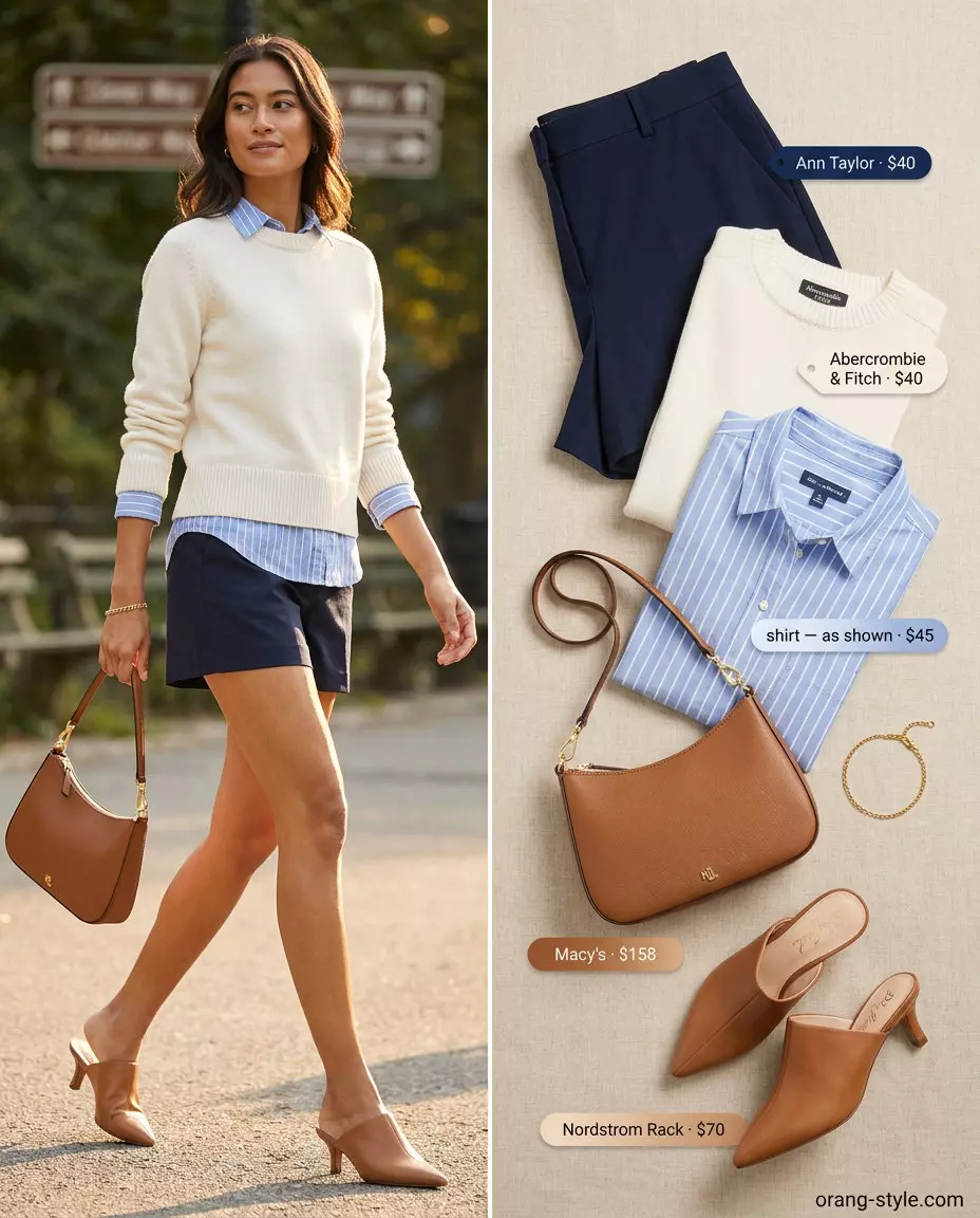 Quiet luxury summer outfit: Navy tailored shorts, cream knit sweater, tan mules, leather bag. Chic for city exploration.