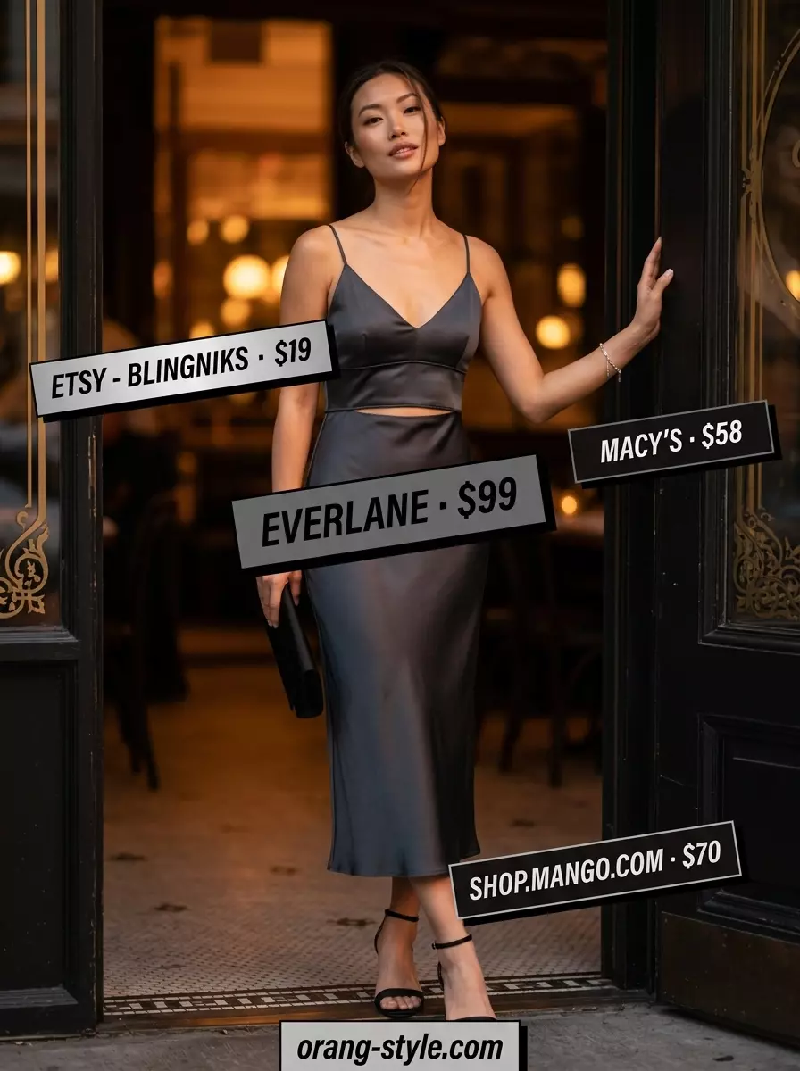 Timeless quiet luxury summer outfit: Charcoal grey slip dress, black heels, silver jewelry for evening events.