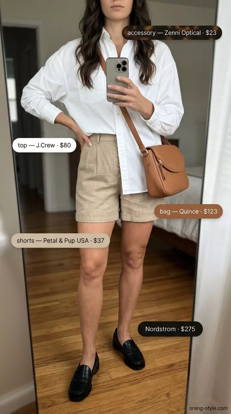 Timeless quiet luxury summer outfit: Khaki shorts, white shirt, navy loafers for smart casual.