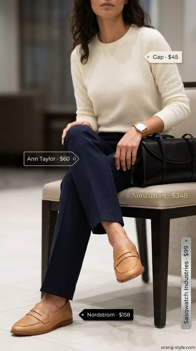 Timeless quiet luxury summer outfit: Navy trousers, cream sweater, loafers for office wear.