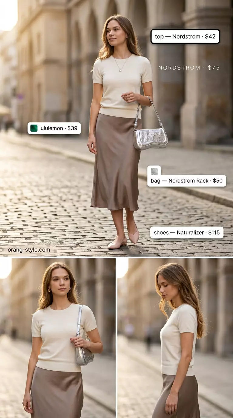 Elegant quiet luxury summer outfit: Taupe satin midi skirt, cream knit top, nude ballet flats, silver bag. For evening events.