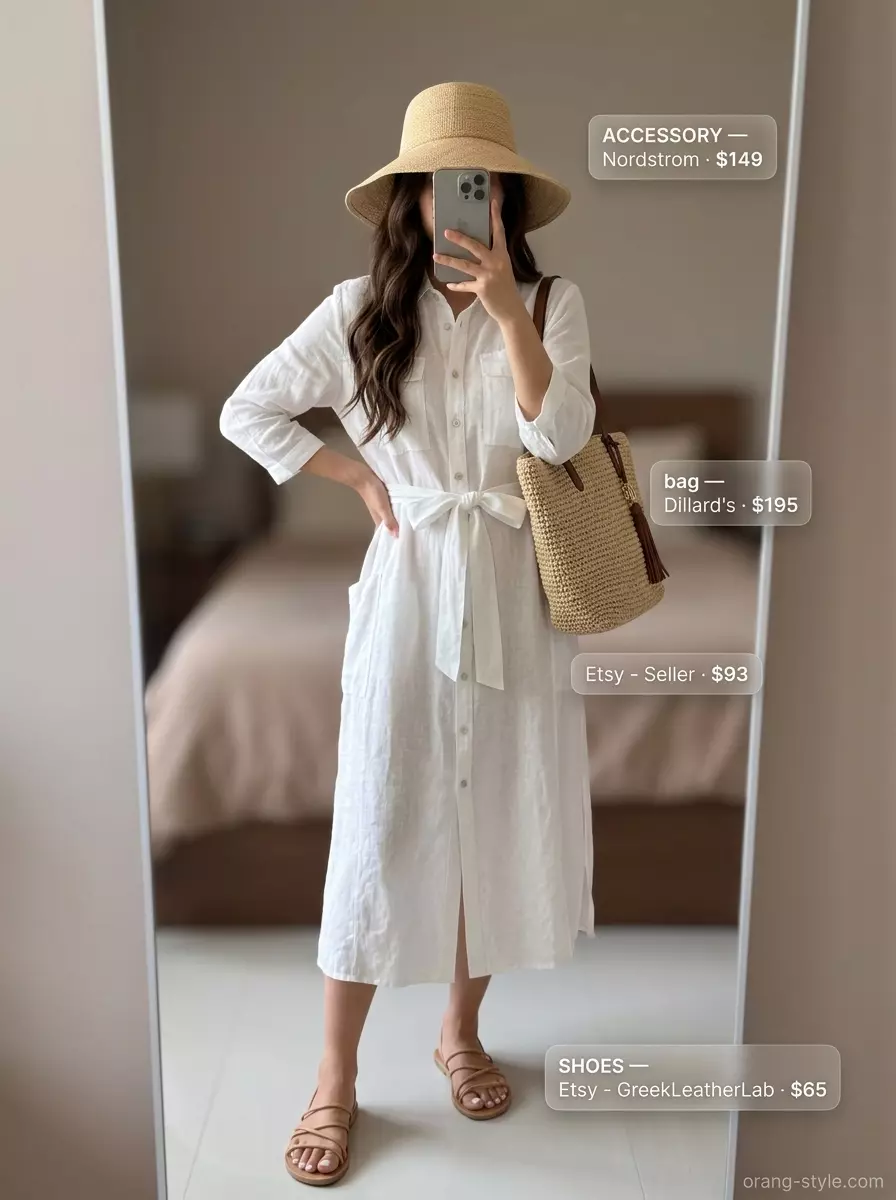 Effortless quiet luxury summer outfit: White linen shirt dress, straw hat, straw tote, leather sandals. Great for beach days.