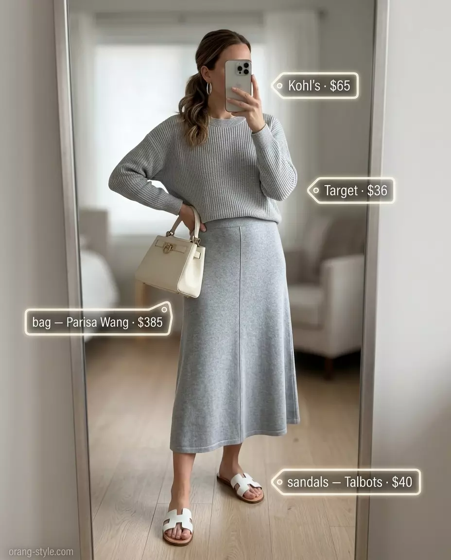 Timeless quiet luxury knit skirt set in light grey and white for summer 2026. Perfect for travel & chic daytime events.