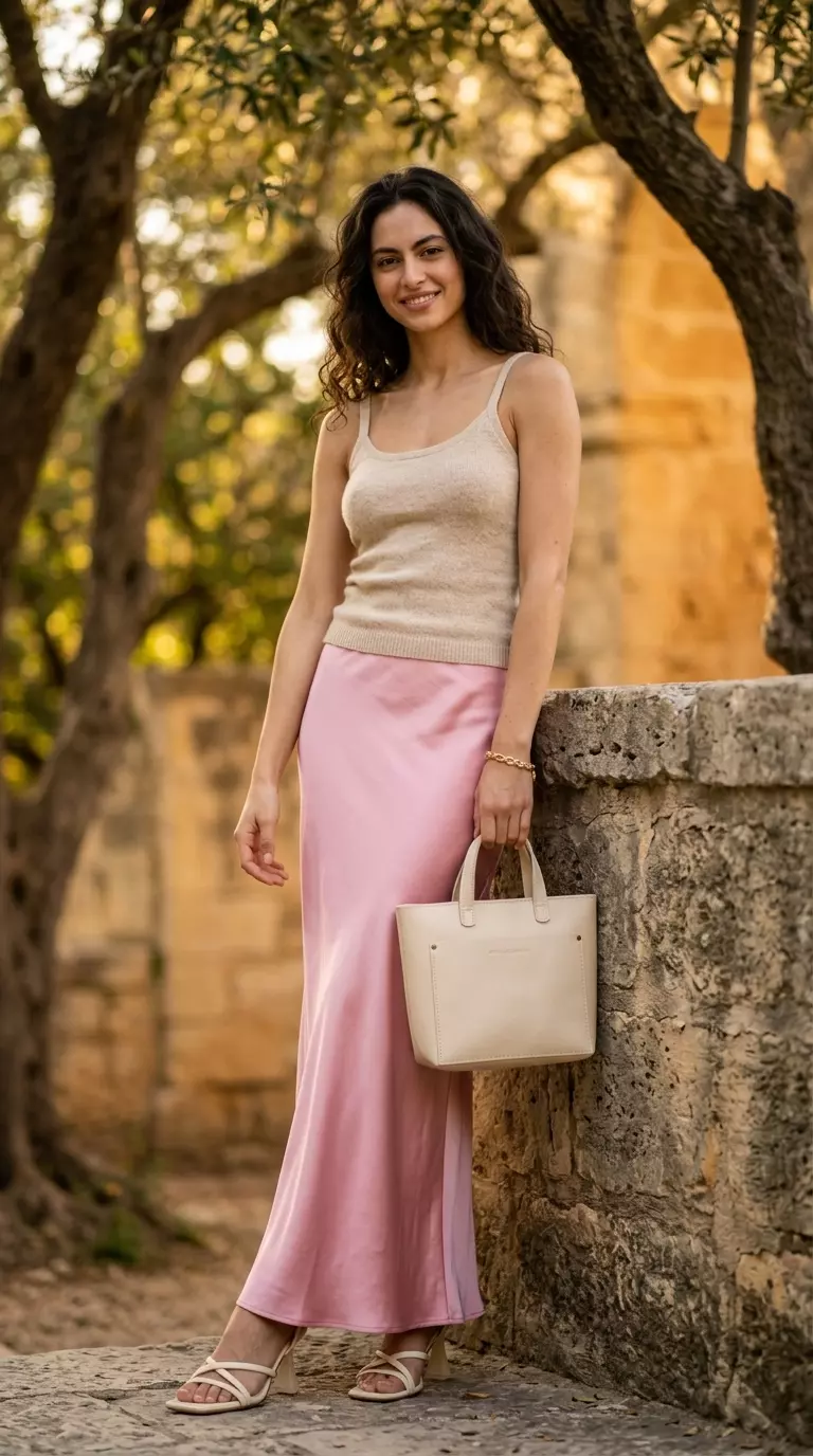 Timeless quiet luxury blush pink midi skirt and cream knit top for summer 2026. Elegant for luncheons & casual Fridays.