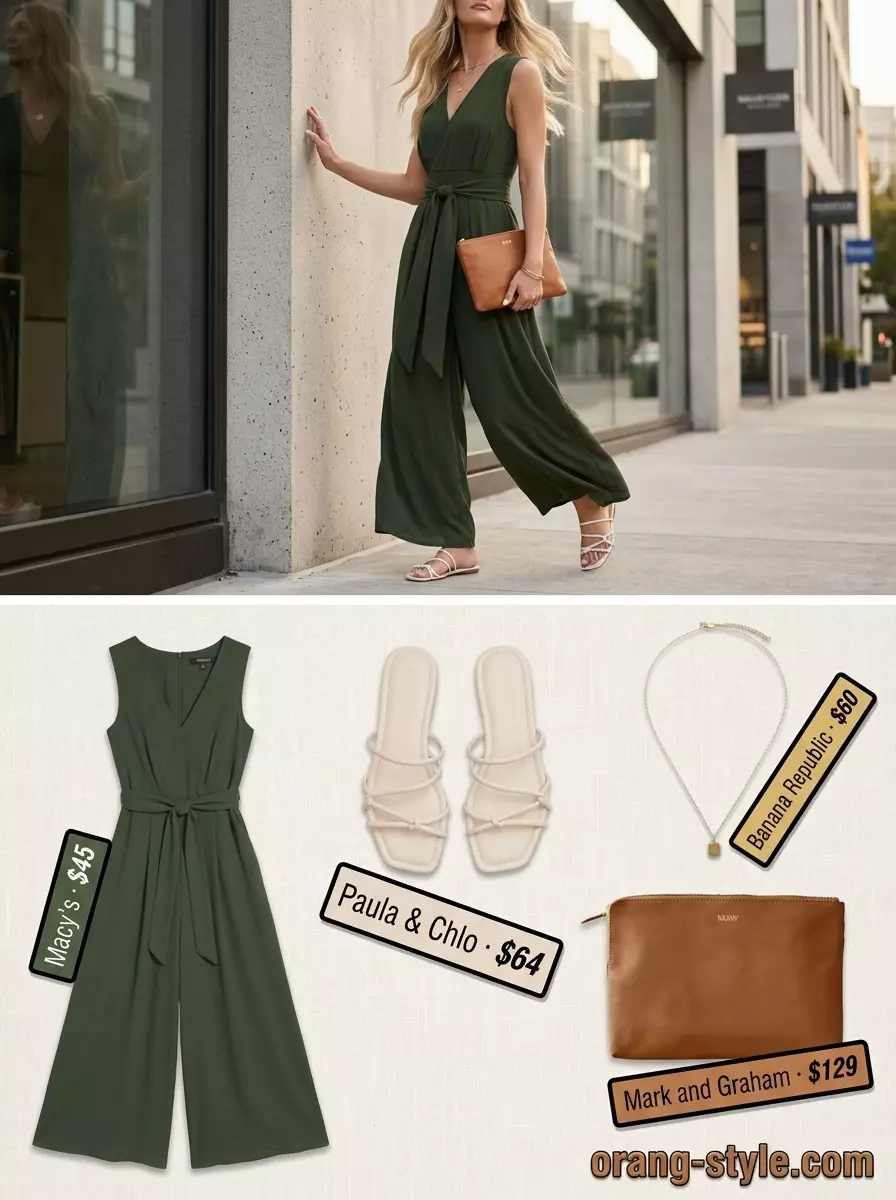 Timeless quiet luxury olive green wide-leg jumpsuit for summer 2026. Sophisticated for evening events & date nights.