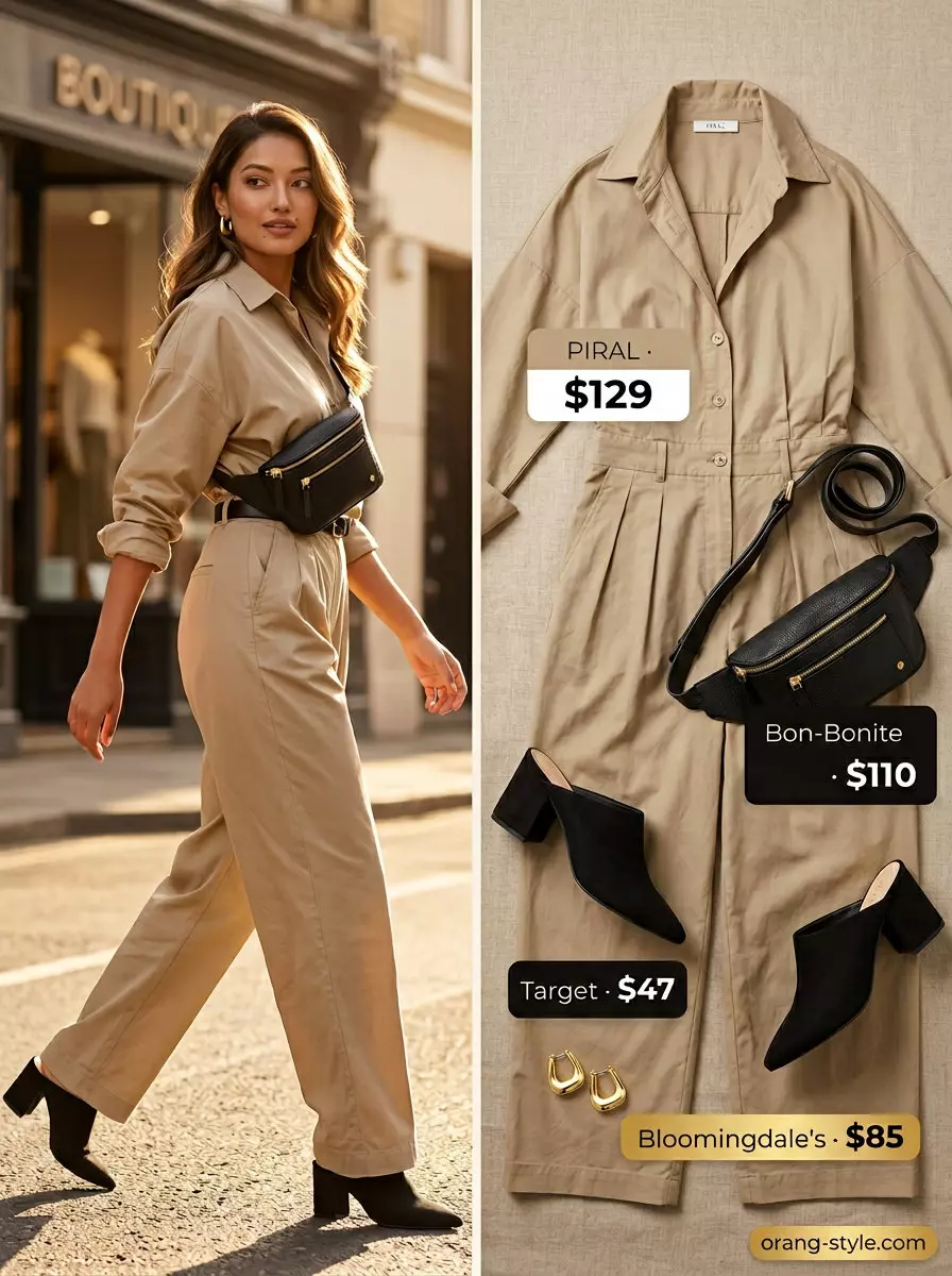 Timeless quiet luxury stone beige utility jumpsuit for summer 2026. Modern & chic for day to night wear.