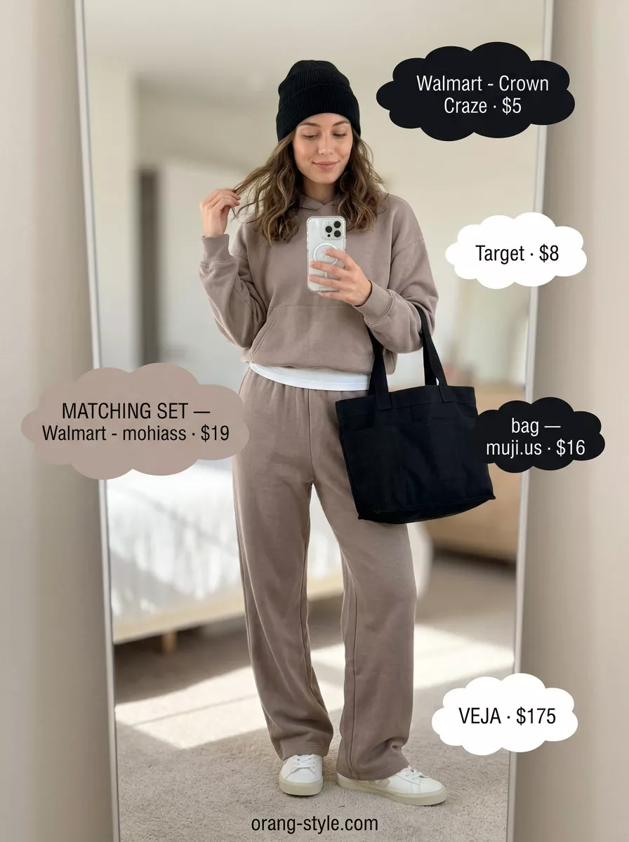 Trendy sporty chic summer outfits 2026: Muted taupe matching set, white tank, beanie, tote bag.