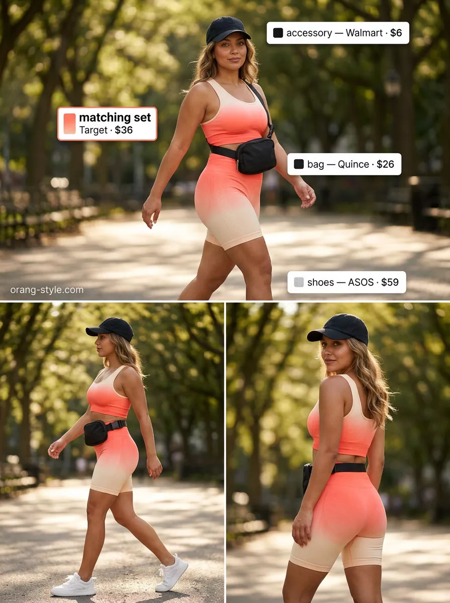 Trendy sporty chic summer outfits 2026: Coral athletic set, belt bag, sneakers, baseball cap.