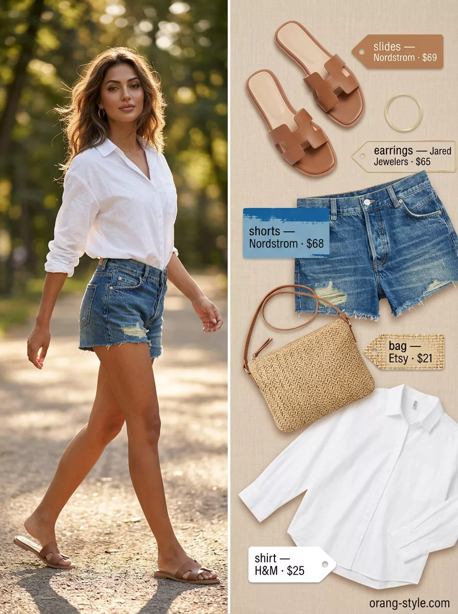 Trendy sporty chic summer outfits 2026: Denim shorts, oversized white shirt, gold hoops, straw bag.