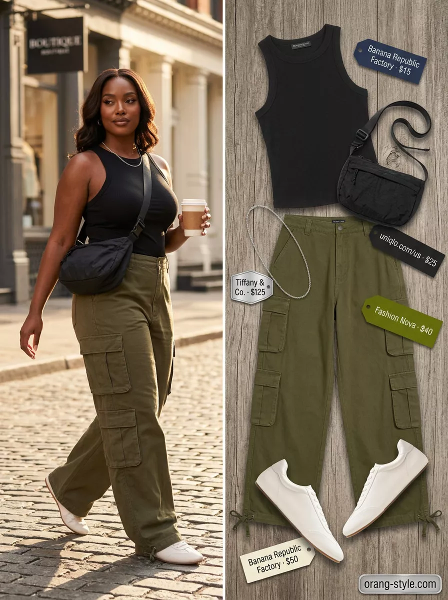 Trendy sporty chic summer outfits 2026: Olive cargo pants, black tank, white sneakers, crossbody bag.