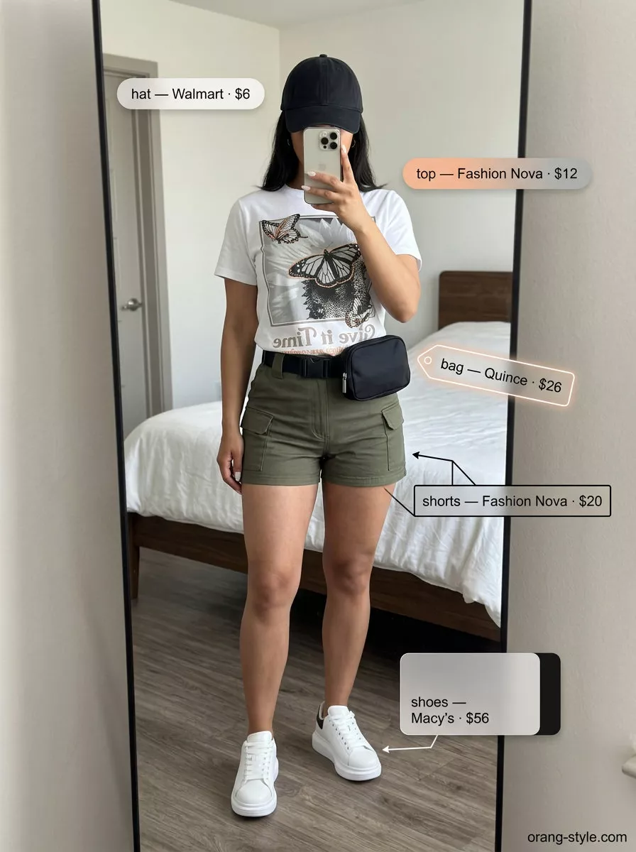 Trendy sporty chic summer outfits 2026: Olive cargo shorts, white graphic tee, chunky sneakers, baseball cap.