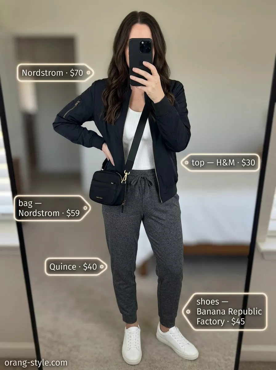Trendy sporty chic summer outfit 2026: Grey joggers with cream top, bomber jacket, white sneakers, and crossbody bag for chic comfort.