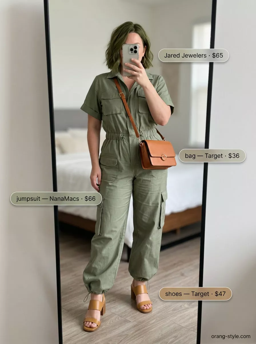 Trendy sporty chic summer outfits 2026: Olive green utility jumpsuit, tan sandals, gold hoops.