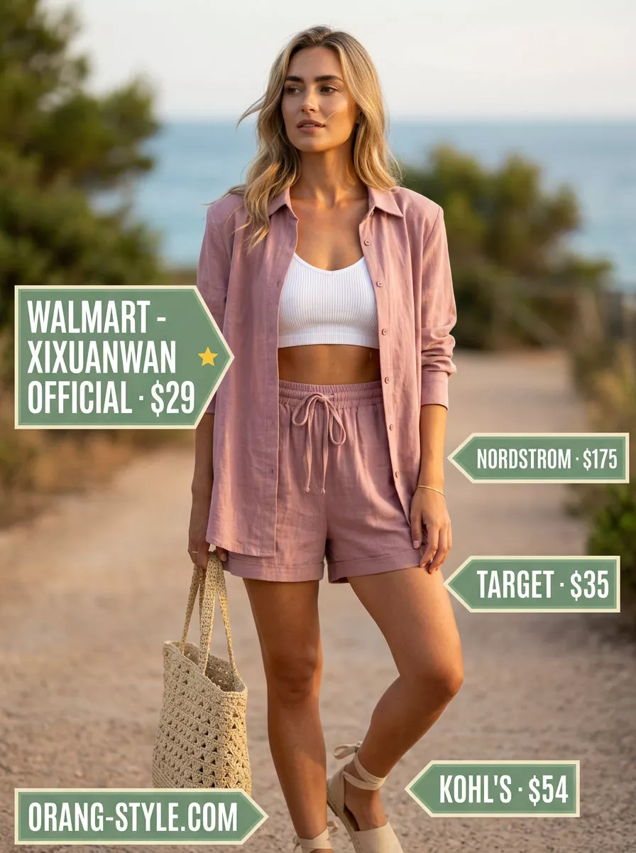 Trendy sporty chic summer outfit 2026: Blush pink linen shorts set with espadrilles and straw tote bag for a relaxed vibe.