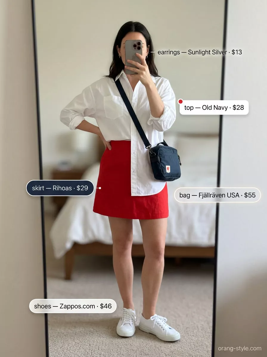 Trendy sporty chic summer outfits 2026: Red mini skirt, white shirt, navy bag, canvas sneakers.